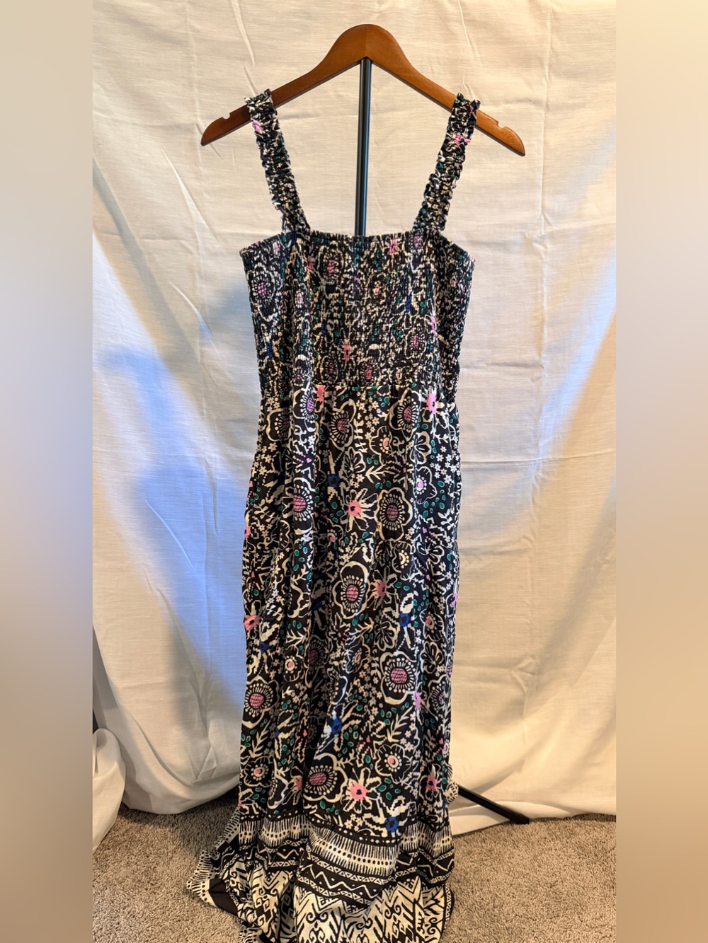 Marine Layer Black Floral Maxi Dress with Pink & Teal Details